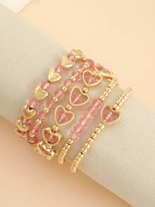 5pcs/Set Multilayer Heart Beaded Bracelets, Fashion Versatile Stacked Bracelet Set - Multicolor - View 7