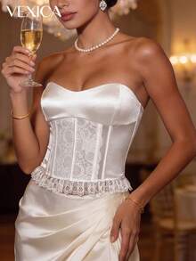 Vexica 女士性感优雅白色法式蕾丝缎面抹胸露背吊带背心，浪漫新娘送礼会及婚礼宾客春夏度假装扮 - 白色 - 查看 3