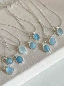 1件925纯银蓝色人造海蓝宝石项链，女士派对礼物，精美珠宝 - 寶石 - 查看 3