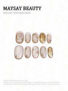10pcs Middle Oval Press On Nails With Golden Sparkling Bases, Moon - Star Patterns, Star Elements, Rhinestone Accents & 3D Golden Texture Design Shiny 100% Handmade Press On Acrylic Nails Reusable Nail Supplies For Women's Daily Or Party Wear - Multicolor - View 10