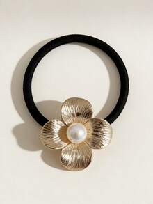 1pc Elegant Metal Pearl Flower Hair Scrunchie, High Elasticity Ponytail Holder For Daily Use All Year Round - Multicolor - View 9