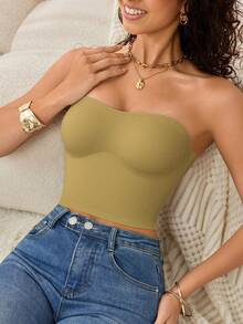 Women's Minimalist Solid Color Breathable Wireless Tube Top Bra - Apricot - View 5