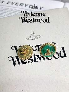 Vivienne Westwood Khuyên tai đính đá Malachite hình tròn hiệu Neyla Collection, mạ vàng và đồng thau. - Vàng - Xem 9