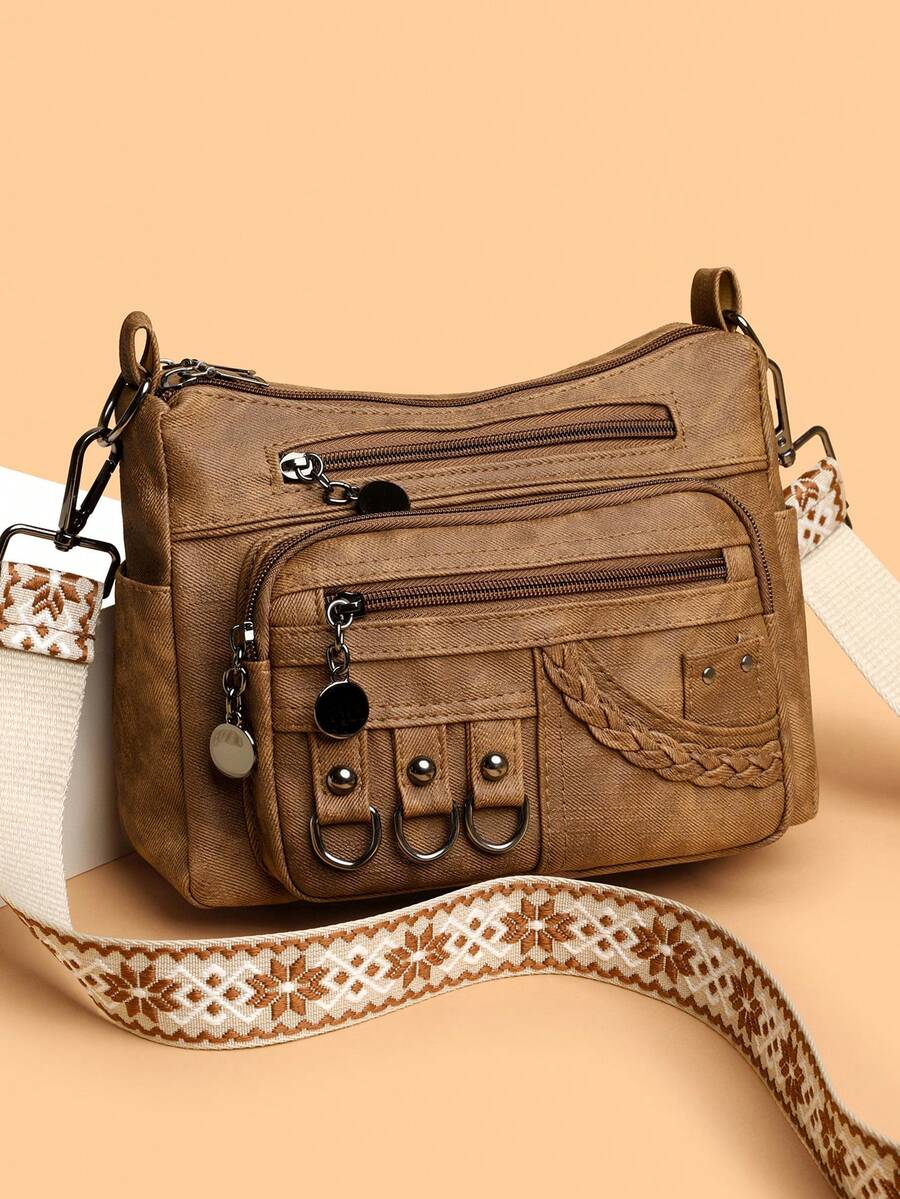 波西米亚铆钉装饰大容量PU单肩包，适合工作、日常使用、通勤、旅行和购物