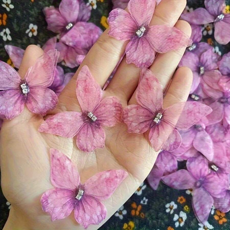 20片优雅网纱彩色蝴蝶贴花 - 3D手工布贴，适用于发夹DIY、装饰婚纱、服装、发饰、新娘头饰、婚礼派对用品，精致轻盈的双层雪纺蝴蝶 - 多色 - 查看 1
