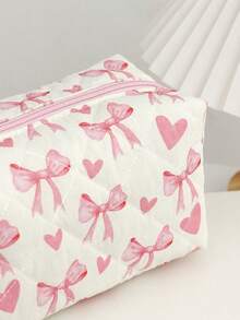 1pc Cute Heart-Shaped Bow Pattern Multi-Functional Checkerboard Cosmetic Bag, Can Be Used As Sanitary Pad Pouch, Coin Purse, Large Square Makeup Bag, Travel Cosmetic Bag, Skincare Product Bag, Toiletry Bag, Storage Bag, Suitable For Travel, Cruise, Dorm Use - Multicolor - View 3