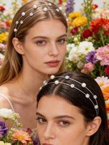 1pc Shiny Bohemian Zinc Alloy Pearl Headband, Women Minimalist Rhinestone Hair Hoop, Suitable For All Seasons - Multicolor - View 5