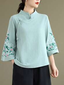 LUCIDVUE 1 chiếc áo kiểu Trung Quốc thêu dành cho nữ, trang phục mùa xuân/hè, họa tiết thêu tinh xảo kiểu Trung Quốc cổ điển, cổ tàu, cài cúc phía trước, áo sơ mi vải lanh, tay áo loe thanh lịch, kiểu Hanfu cải tiến, thích hợp cho tiệc trà, kỳ nghỉ. - Màu xanh bạc hà - Xem 6