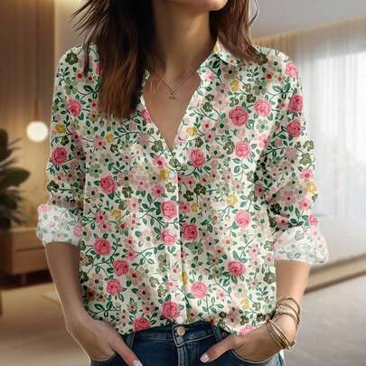 Camisa de mujer de manga larga con botones y cuello, de tela de poliéster, con ajuste regular