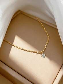 1件不锈钢防水防褪色金色水钻钻石形吊坠项链，适合女士日常佩戴 - 金色 - 查看 2