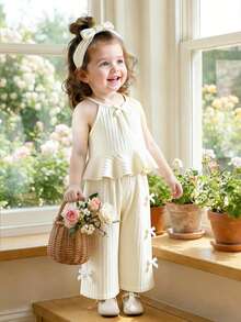 Baby Girls' Solid Color Spaghetti Strap Camisole Top With 3D Bow Decor & Ruffle Hem, Straight Leg Pants 2 Piece Outfit, Suitable For Everyday Outings In Spring/Summer - Apricot - View 4