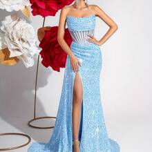 Sequined Bustier Hollow-Out High-Waisted Long Ribbon Slit Backless Tie-Up Prom Party Evening Dress - Sky Blue - 查看 1