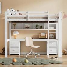 Mezzanine Bed 90 X 200 Cm, Children's Bed, Bunk Bed, Table Underneath, Large Storage Space, High Guardrail, Sturdy Staircase, White - White - View 1