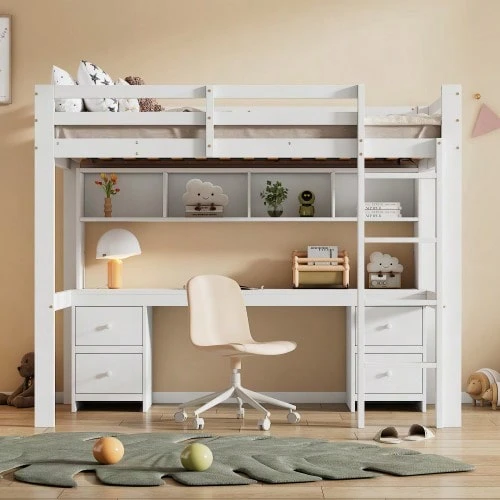 Mezzanine Bed 90 X 200 Cm, Children's Bed, Bunk Bed, Table Underneath, Large Storage Space, High Guardrail, Sturdy Staircase, White - White - View 1