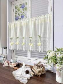 1 Stück süße koreanische beige Tulpen-dekorierte Kurze Vorhänge für kleine Fenster, Apartment Küche Vorhänge, Schlafzimmer Fenster Ventil, ohne Bohren Spannstange Vorhänge - Beige - Übersicht 4