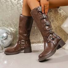 Women'S  Up Knee High Boots Motorcycle Riding Flat Low Heels Strappy Winter Boots - 棕色 - 查看 15