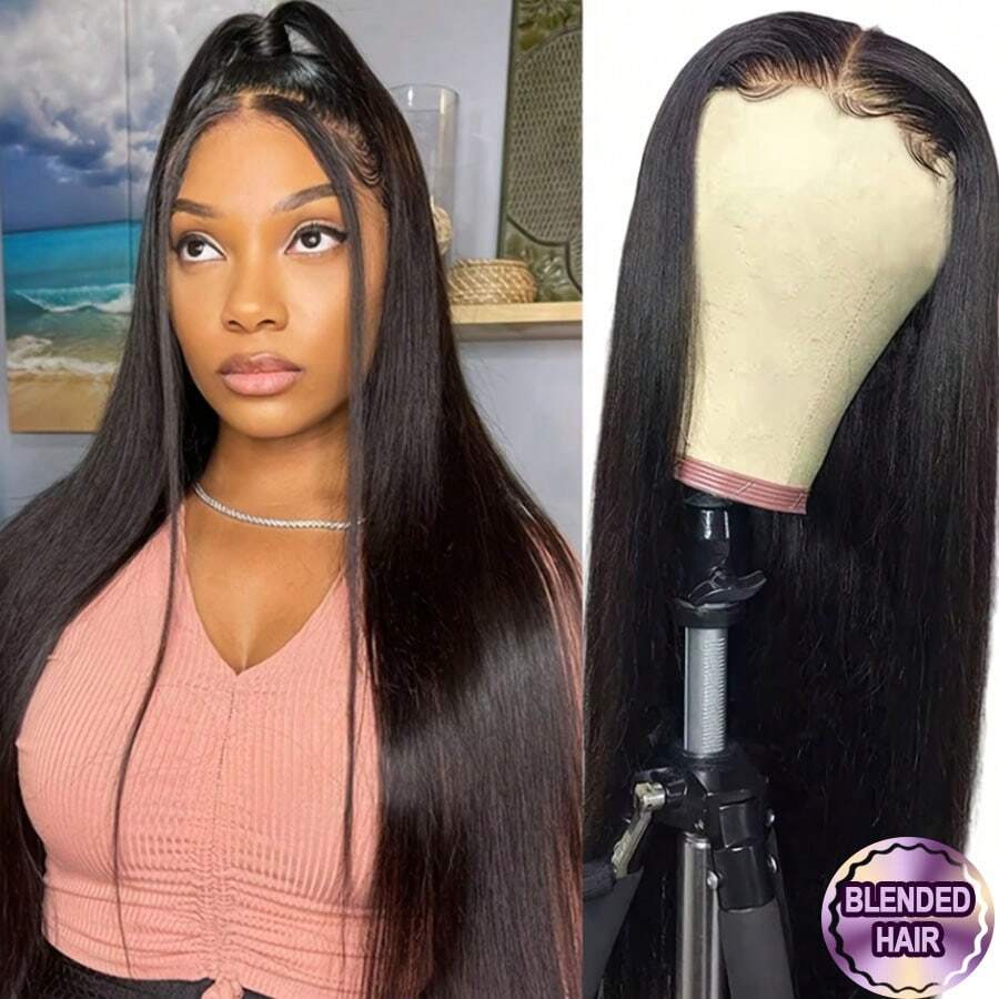 26英寸即戴即用无胶渐变色假发，13x4蕾丝前额假发，透明5*5蕾丝闭合直发假发，真人前额发丝，高清蕾丝前额假发，预先拔毛并带有婴儿发，200%密度，无胶混纺假发，适合女性日常佩戴 - 自然色&黑色系 - 查看 1