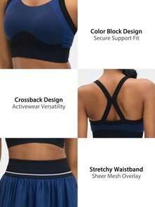 Leorrey Women's Fashion Contrast Color Ribbed Crew Neck Hollow-Out Back Camisole High Waist Mesh Pleated Anti-Exposure Lining Skirt Set - Blue - View 3