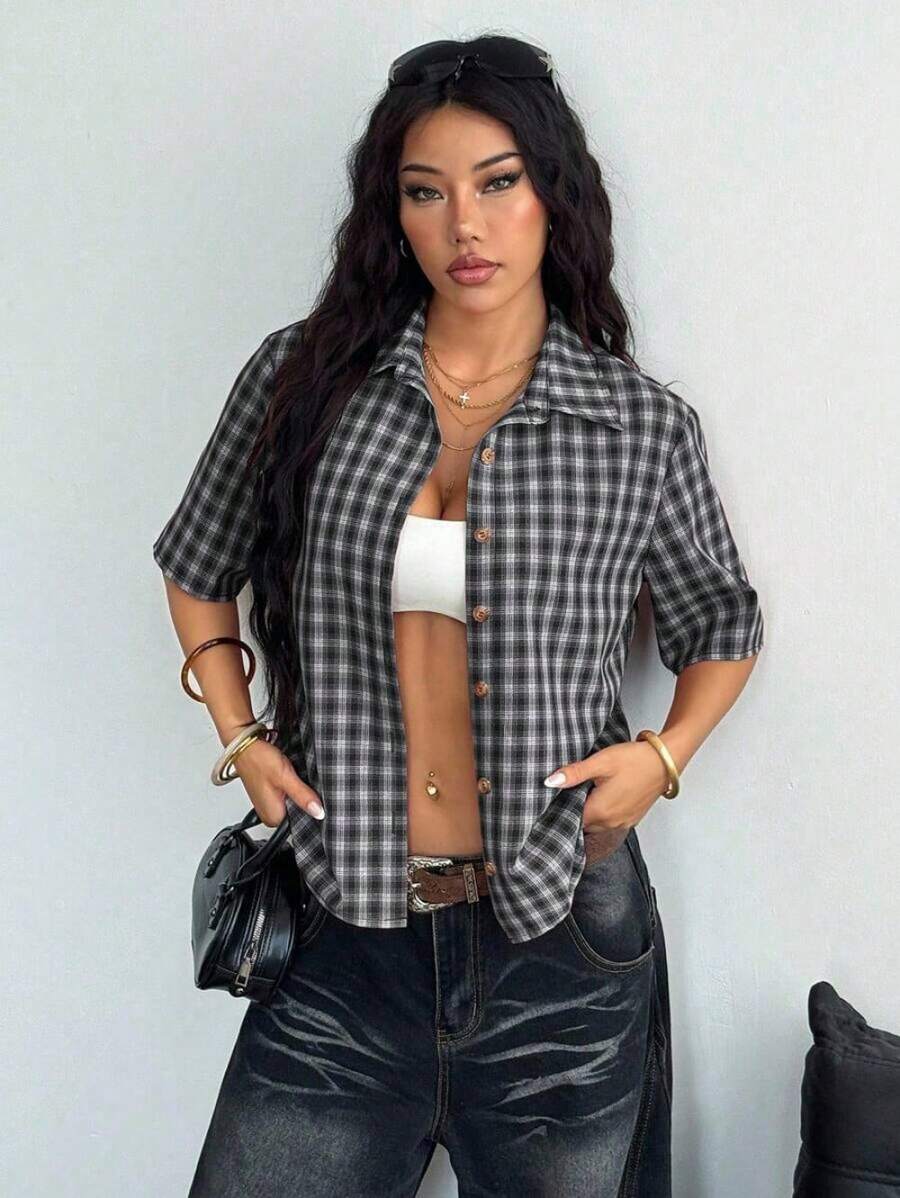 Streetwear Women Plaid Zip Pocket Short Sleeve Shirt - black - 查看 1