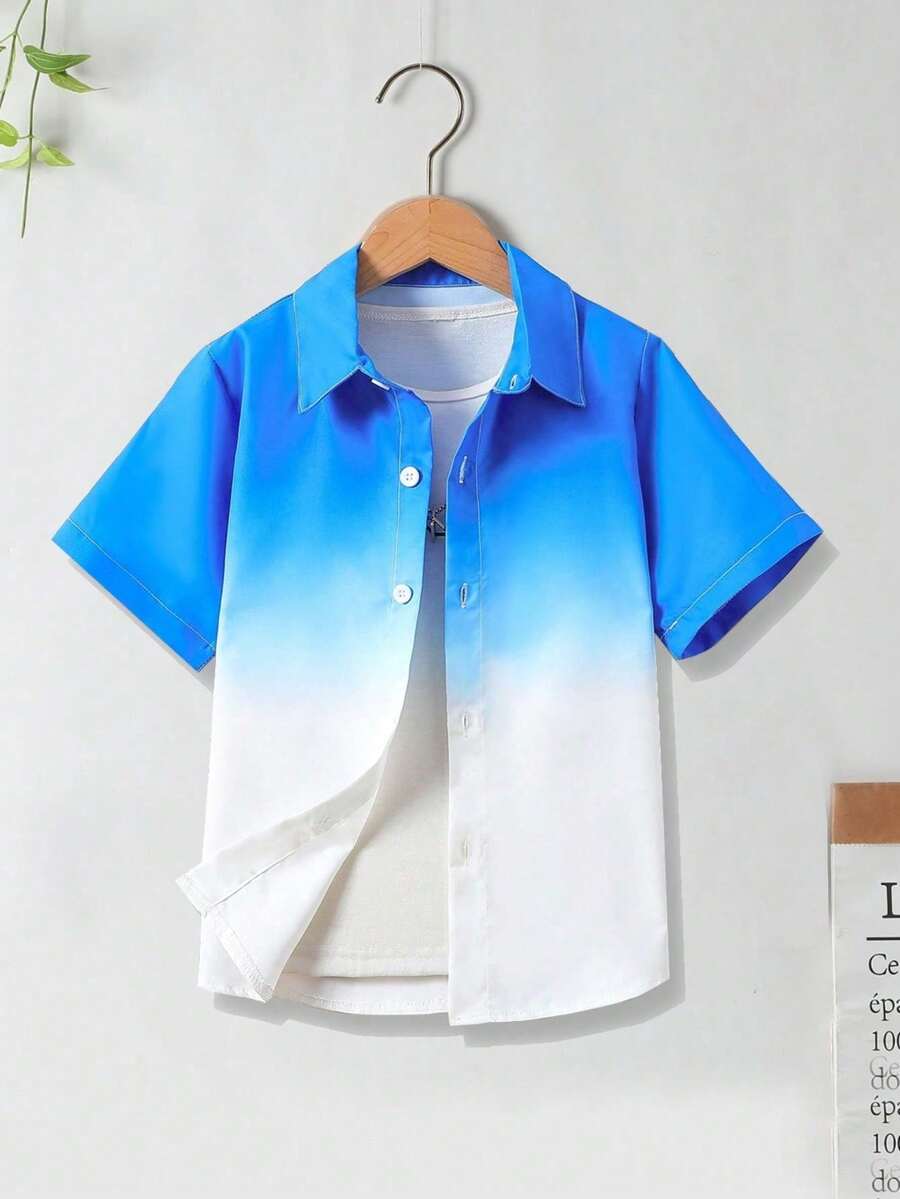 男童休闲渐变色校服运动Polo衫，儿童百搭舒适度假上衣 - 藍色 - 查看 1