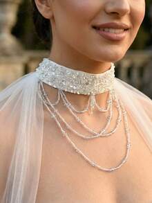 2m Long Wedding Boleros Shawl Beaded Bling Sequin Neckline Bridal Capes - Multicolor - View 9