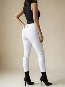 Women's High Waist Stretch Denim Jeans With Multi-Button Closure, Pockets & Vintage Wash Design Casual Elegant Outing Pants - 白色 - 查看 2