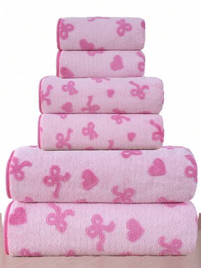 QIBHI 3/2/1pc Elegant Heart & Bow Coral Fleece Towel/Bath Towel, Fashionable & Unique, Super Soft Absorbent Quick-Dry Face/Hand Towel, Suitable For Bathroom, Hotel, Gym, Travel, Gift, Salon, Outdoor, Beach, School, Back To School, Travel Accessories, Home Essentials
