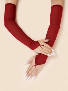 1pc Rhinestone Decor Sheer Mesh Long Gloves, Lightweight, Breathable, Suitable For Wedding & Party Halloween Burgundy - 紅色的 - 查看 2