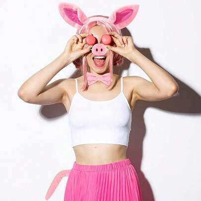 四件套小猪服装，包括猪耳朵头箍、尾巴、鼻子、领结和其他动物服装配饰。粉色小猪角色扮演服装。适合万圣节、狂欢节、圣诞节、角色扮演活动、小猪主题生日派对和各种趣味游戏。