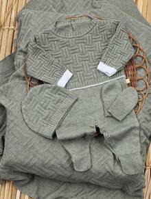 Luxury Knitted Baby Outfit Set With Cardigan - 苔綠色 - 查看 3