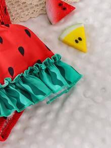 1pc Newborn Baby Cute Colorblock Polka Dot Suspender Ruffle Dress, Bohemian Vacation Style - Red - View 8