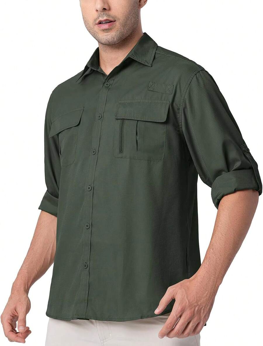 Men's Lightweight UV Protection Safari Shirt For Outdoor Travel - Army Green - View 1
