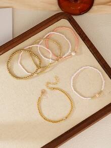 7pcs Elegant Women Bracelet Set, Adjustable Multi-Layer Beaded Bracelets With Pink And Gold Beads, Jewelry Gift, Suitable For Daily Wear And Party - Multicolor - View 3