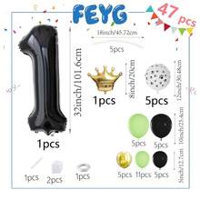 47个狗狗主题气球，包括黑色数字铝膜气球、金色皇冠铝膜气球、黑色、绿色、金属金色和白色天然乳胶气球，气球上印有狗狗爪印。适用于生日、儿童节、亲子活动日、派对、庆祝活动等场合。 - 查看 3
