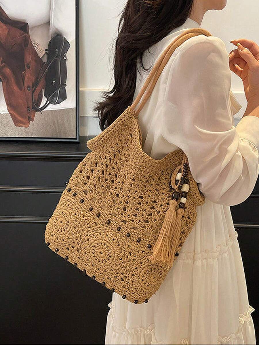 2025新款镂空单肩包，大容量沙滩编织手提包，适合度假 - 卡其色 - 查看 1