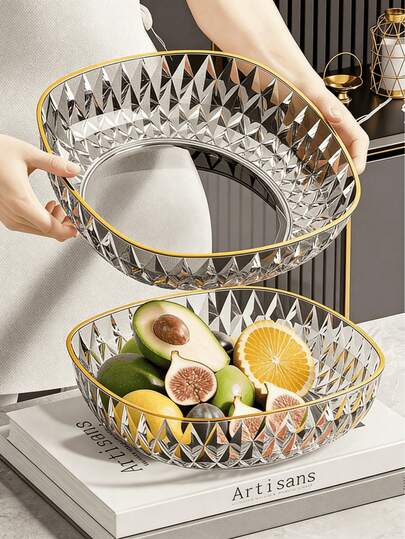 奢华菱形图案水果盘，大容量，透明塑料材质，适用于家居、客厅，可摆放干果和零食