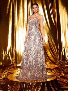 LOVE&LEMONADE Đầm dạ hội dài gợi cảm cổ chữ V, dây buộc chéo, chất liệu lưới đính sequin, chất liệu lưới, thích hợp cho tiệc cưới mùa xuân. - Vàng - Xem 3