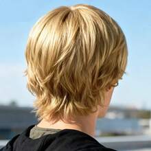 Tóc giả ngắn thẳng cho nam, dài 12 inch (cỡ trung bình #10 màu vàng), làm từ sợi tổng hợp, có mái xéo, chịu nhiệt. - Nhiều màu - Xem 6