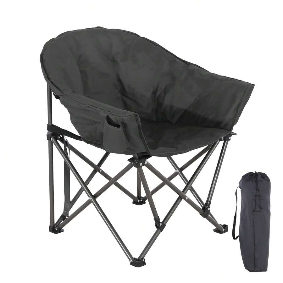 Oversized Padded Camping Chair, Folding Portable Outdoor Club Chair With Cup Holder & Adjustable Backrest, Heavy Duty Steel Frame Supports 350 LBS, Comfortable Lounge Chair With Carry Bag For Camping, Fishing, Lawn, Patio, Indoor Use - 黑色 - 查看 1