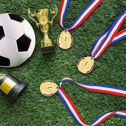 10pcs Gold Zinc Alloy Medals With Blue Ribbons - For Sports, Events, Props, Rewards, Party Favors And Decorations, Finely Engraved, Suitable For Sports Competitions And Awards, Hanging Display, 2026 World Cup Decorations