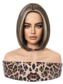 12 Inch Short Straight Brown Highlight Wig For Women, White Highlight With Dark Roots, Suitable For Daily Wear And Cosplay, High Temperature Fiber Material - Brown Highlight - View 4