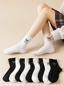 10 đôi tất nơ xếp ly Kawaii | Tất cổ ngắn bằng cotton mềm mại với viền ren | Phong cách ngọt ngào Y2K, hoàn hảo cho mùa xuân, hè và thu. - Nhiều màu - Xem 5