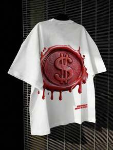 Camiseta de manga corta con cuello redondo y estampado minimalista para hombres - Blanco - Ver 4