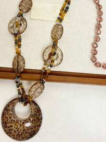 1pc Bohemian Style Vintage Beaded Acrylic Hollow Disc Pendant Necklace, Suitable For Casual Daily And Holiday Wear - Brown - View 3