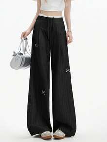 美国灰色条纹蝴蝶结高腰阔腿蕾丝休闲裤，女士春季黑色 - 黑色 - 查看 1