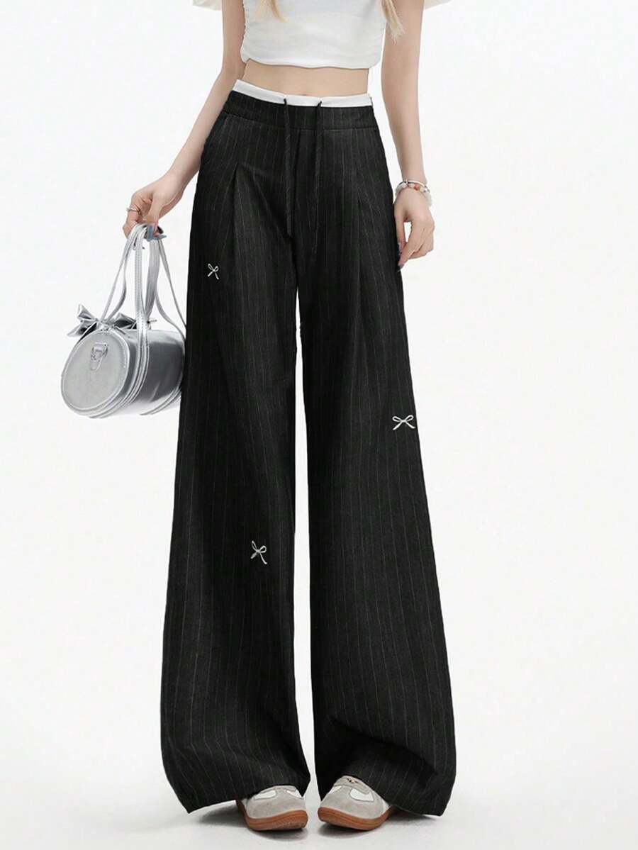 美国灰色条纹蝴蝶结高腰阔腿蕾丝休闲裤，女士春季黑色 - 黑色 - 查看 1