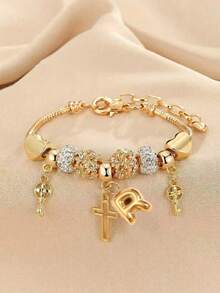 1pc 26 Letter, Heart, Cross, Flower Beaded Bracelet, Fashionable Youth Keychain, Cross Pendant Bracelet - Multicolor - View 35