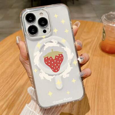 1 Stück neue transparente Erdbeere Kaninchen Stern Cartoon Mädchen Magnetische Handyhülle, modisch und geeignet für iPhone 11/12/12 Pro, 13/14/15, 13 Pro/14 Pro/15 Pro, kompatibel mit kabellosem Laden, stoßfest für 12 Pro Max/13 Pro Max/14 Pro Max/15 Pro Max, 16, 16 Pro, 16 Pro Max, 17, 17 Pro, 17 Pro Max, geeignet als Geschenk für Freundin, beste Freundin, Familie, Klassenkameraden