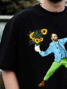 Camicia in cotone da uomo con stampa dell'opera d'arte "Notte stellata" e "Girasoli" di Van Gogh - Camicia casual estiva a maniche corte con collo rotondo e vestibilità morbida, con design ispirato al famoso artista, lavabile in lavatrice, adatta per adulti, in cotone morbido e traspirante, con stampe vibranti di girasoli, facile da curare, adatta per uso casual. - nero - Visualizzare 2