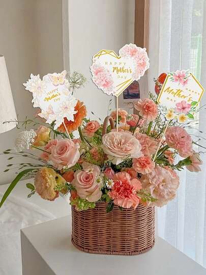 Mother's Day Floral Decorations, Mother's Day And Birthday Themed Floral Decor Sticks, Suitable For Mom's Party Decor, Floral Table Decor, Birthday Party Supplies And Mother's Day Center Decor. Mother's Day Cake Party Decor, Cake Bouquet Inserts, Mother's Day Bouquet Decor, Birthday Party Cake Decor